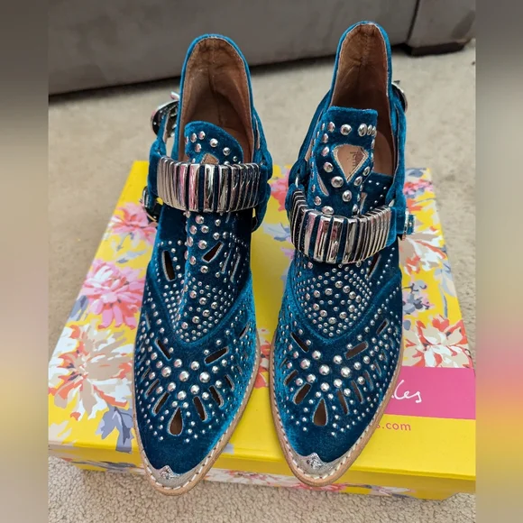 Jeffrey Campbell Calhoun Blue Velvet Studded Western Booties - Main Image